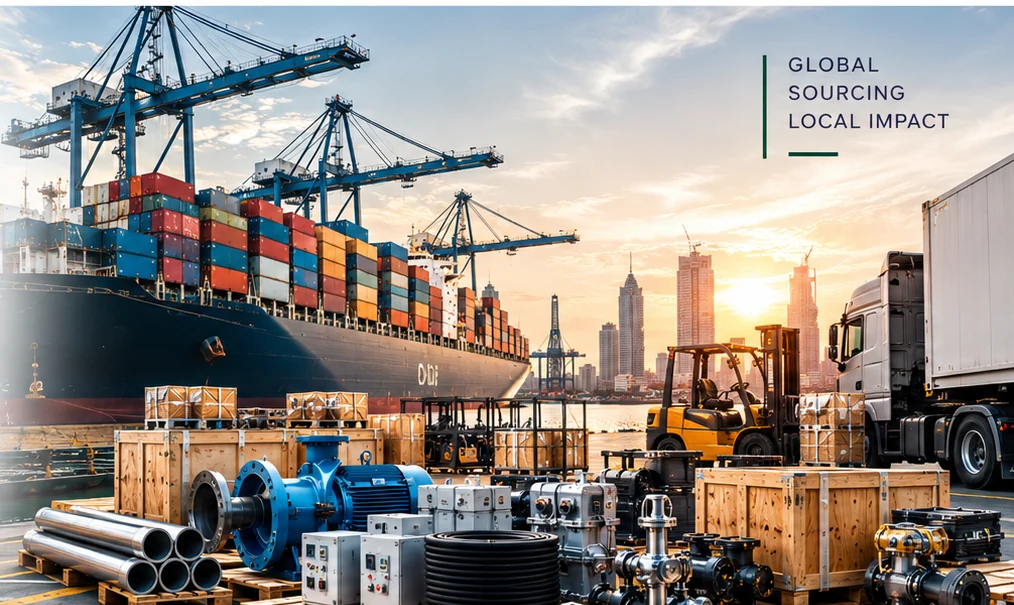 International procurement and industrial supply represented by a container port, cargo vessel and industrial equipment