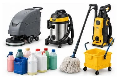 Floor scrubber, industrial vacuum, pressure washer, cleaning chemicals and a janitorial trolley