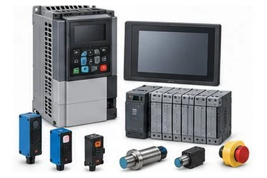 Variable frequency drive, HMI panel, PLC I/O modules and industrial sensors