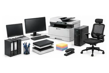 Desktop computer, monitors, multifunction printer, UPS, office chair and filing products