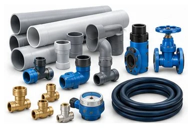 Pipes, pipe fittings, brass connectors, a gate valve, water meter and coiled hose