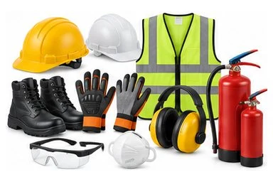 Safety helmets, boots, gloves, eyewear, hearing protection, hi-vis vest and fire extinguishers