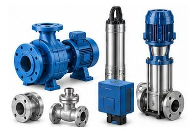 Centrifugal pumps, a submersible pump, a vertical multistage pump and valves