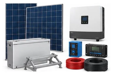 Solar panels, inverter, battery storage unit, charge controller and cabling
