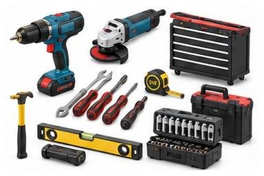 Cordless drill, angle grinder, hand tools, measuring tools and a tool storage cabinet